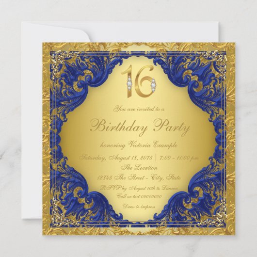 Royal Blue Gold Swirl Sweet 16 Party Einladung (Rückseite)