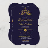 Royal Blue Gold Tiara Crown Elegante Quinceañera Einladung (Vorne/Hinten)