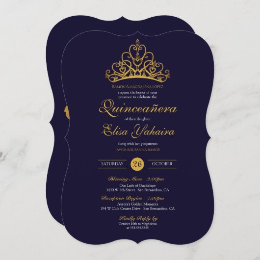 Royal Blue Gold Tiara Crown Elegante Quinceañera Einladung (Vorne/Hinten)
