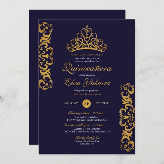 Royal Blue & Gold Tiara Crown Elegante Quinceñera Einladung (Vorne/Hinten)