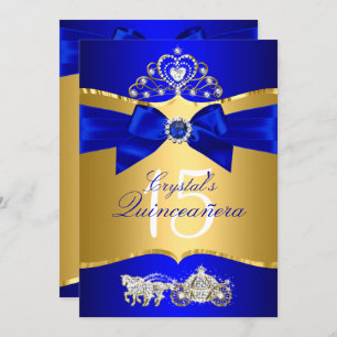 Royal Blue Gold Tiara Pearl Bow Quinceanera Einladung