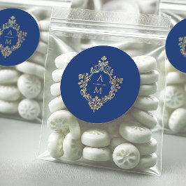 Royal Blue Gold Wappen Monogram Vintage Wedding Runder Aufkleber
