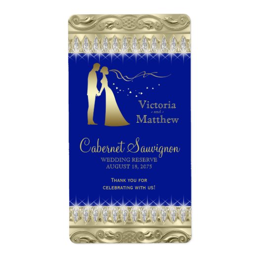 Royal Blue Gold Wedding Wine Labels (Vorne)