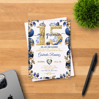 Royal Blue Golden Mis Quince 15 Quinceañera Acryleinladungen