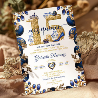 Royal Blue Golden Mis Quince 15 Quinceañera Einladung
