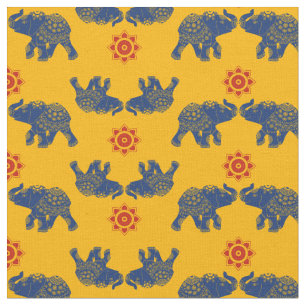 Royal Blue, Golden Yellow Jewelants indische Elefa Stoff