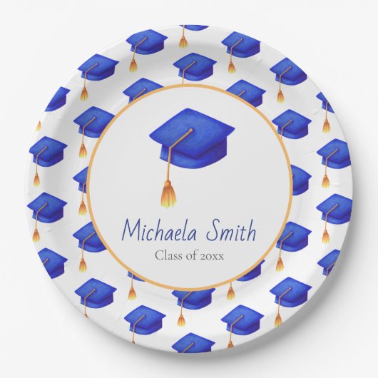 Royal Blue Graduation Cap Gemustert Personalisiert Pappteller (Vorderseite)