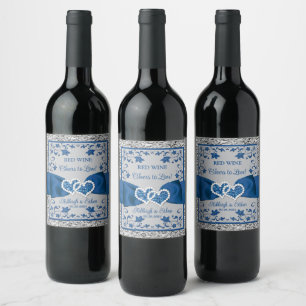 Royal Blue, Grau Liebe Hearts Wedding Beverage 2 Weinetikett