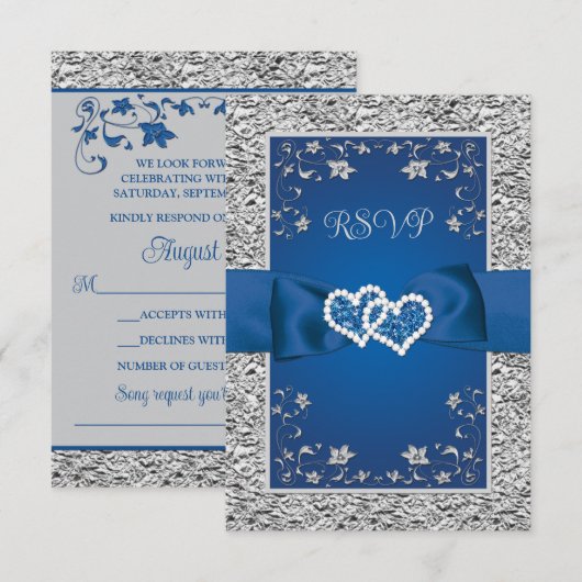 Royal Blue, Gray Liebe Hearts (SMALL) Wedding RSVP Karte (Vorne/Hinten)