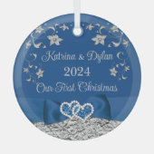 Royal Blue Gray Liebe Hearts Wedding 1. Weihnachts Ornament Aus Glas (Vorderseite)