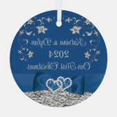 Royal Blue Gray Liebe Hearts Wedding 1. Weihnachts Ornament Aus Glas (Rückseite)