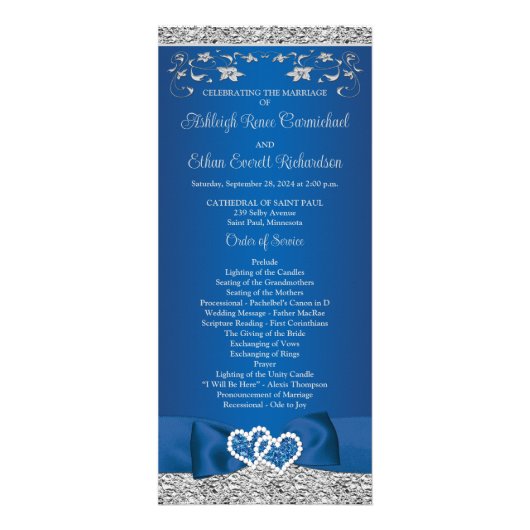 Royal Blue, Gray Liebe Hearts Wedding Program Werbekarte (Vorne)