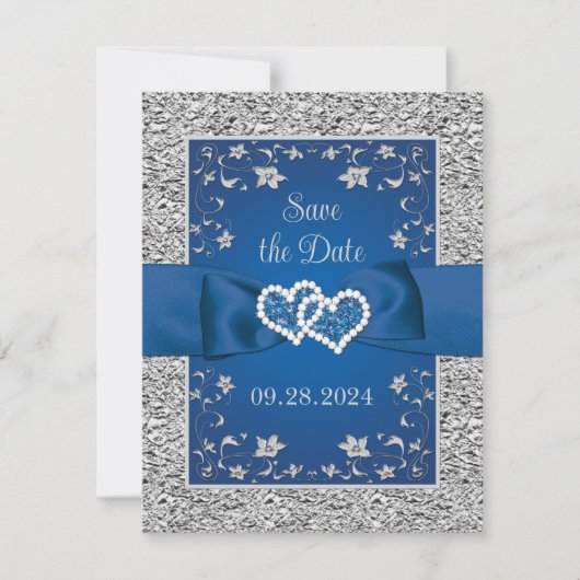 Royal Blue, Gray Liebe Hearts Wedding Save the Dat (Vorderseite)