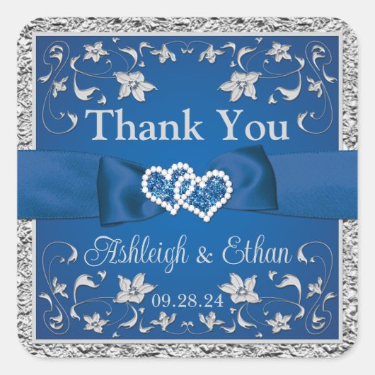 Royal Blue, Gray Two Hearts, One Liebe Quadratischer Aufkleber (Vorderseite)