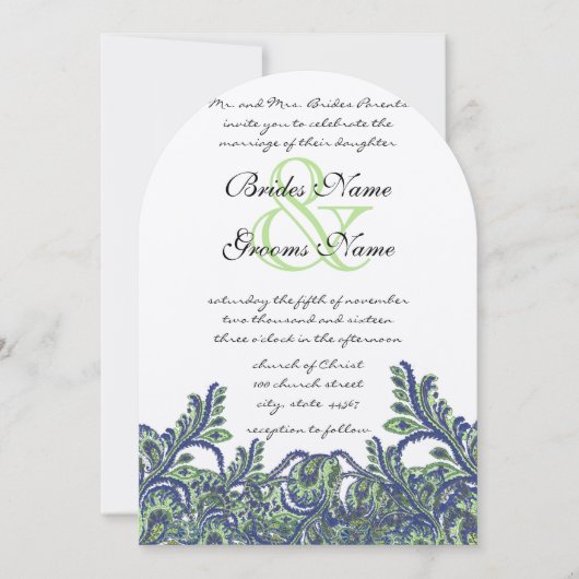 Royal Blue Green Feathery Paisley Peacock Wedding Einladung (Vorderseite)