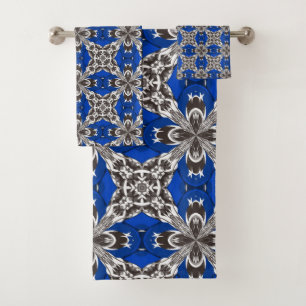 Royal Blue Grey and White Repeat Tile Pattern Badhandtuch Set