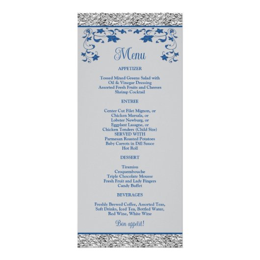 Royal Blue, Grey Liebe Hearts Wedding Menu Werbekarte (Hinten)