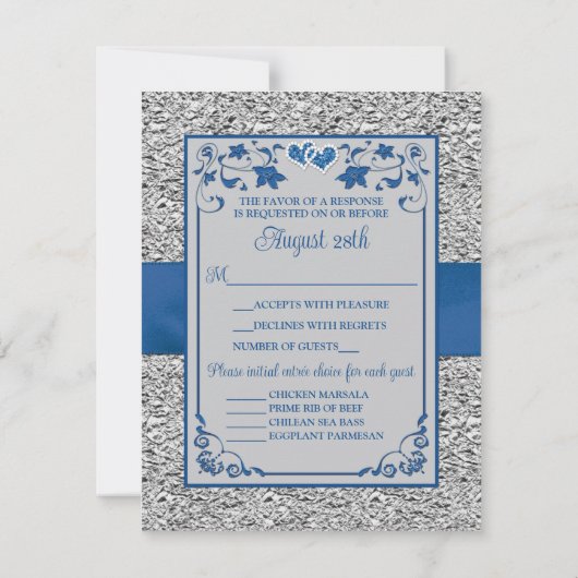 Royal Blue, Grey Liebe Hearts Wedding RSVP Card (Rückseite)