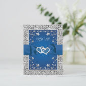 Royal Blue, Grey Liebe Hearts Wedding RSVP Card Karte (Stehend Vorderseite)