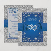 Royal Blue, Grey Liebe Hearts Wedding RSVP Card Karte (Vorne/Hinten)