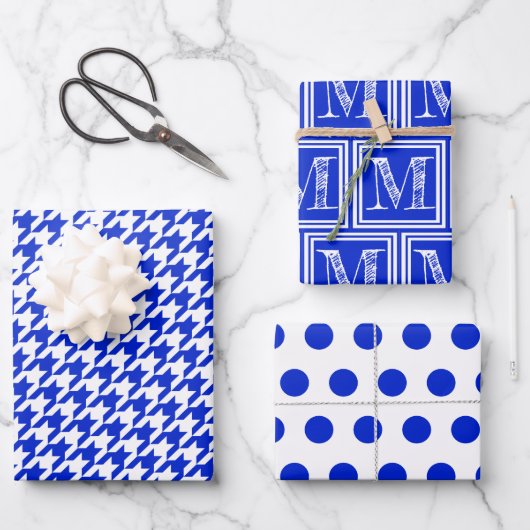 Royal Blue Hahnentrittmuster Monogram Polka Dot Geschenkpapier Set (Vorderseite)