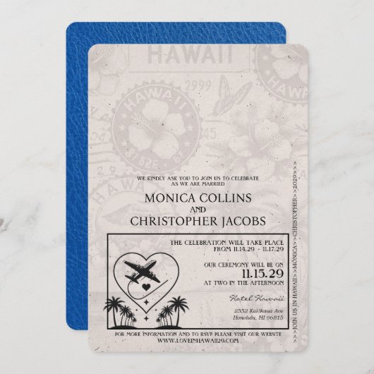 Royal Blue Hawaii Pass Einladung Hochzeit (Vorne/Hinten)