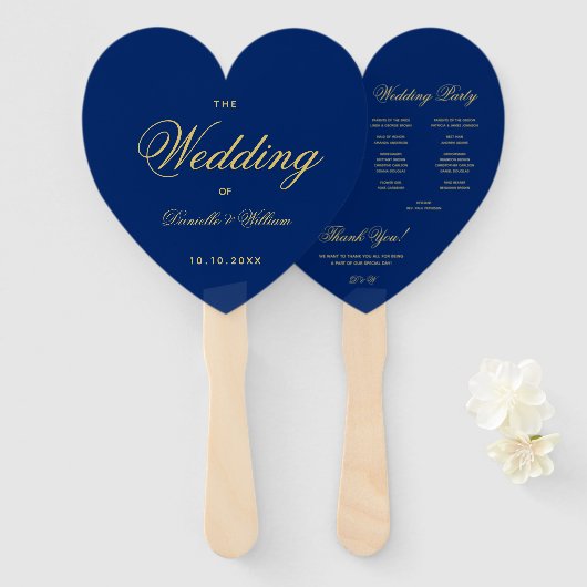 Royal Blue Heart Golden Script Wedding Program Fächer (Vorne und Hinten)