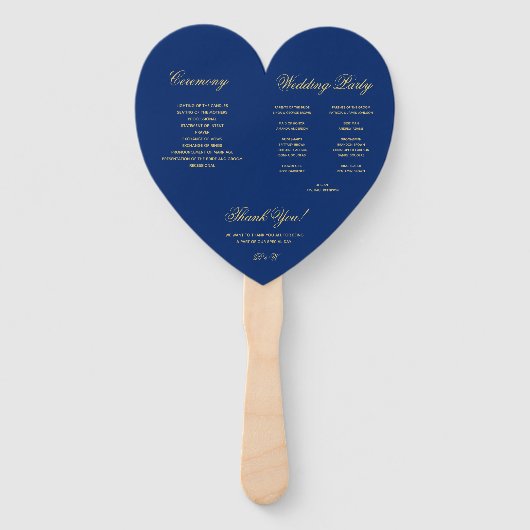 Royal Blue Heart Golden Script Wedding Program Fächer (Rückseite)