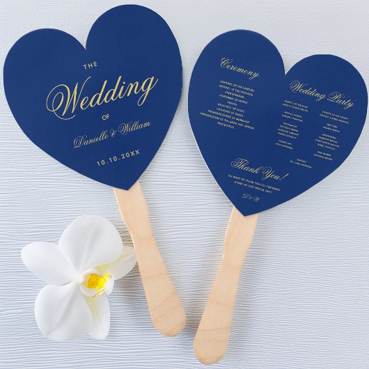Royal Blue Heart Golden Script Wedding Program Fächer