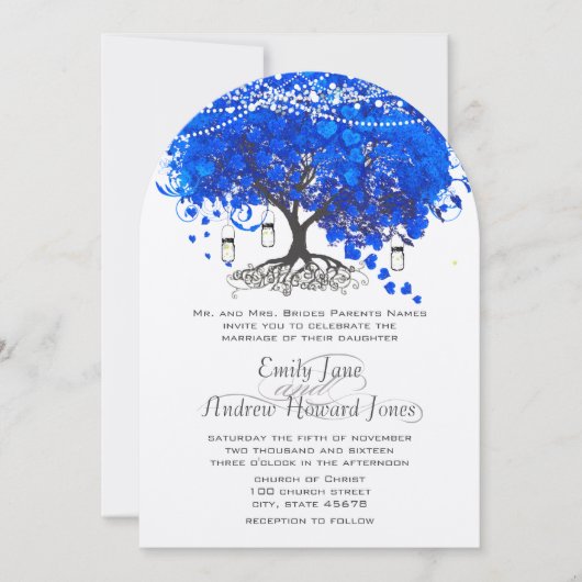 Royal Blue Heart Leaf Tree Wedding Einladung (Vorderseite)