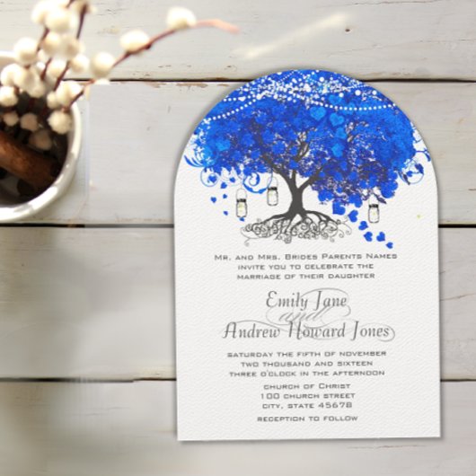 Royal Blue Heart Leaf Tree Wedding Einladung