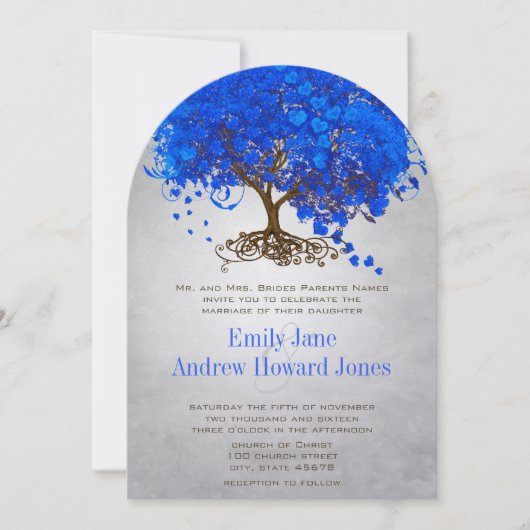 Royal Blue Heart Leaf Tree Wedding Einladungen (Vorderseite)