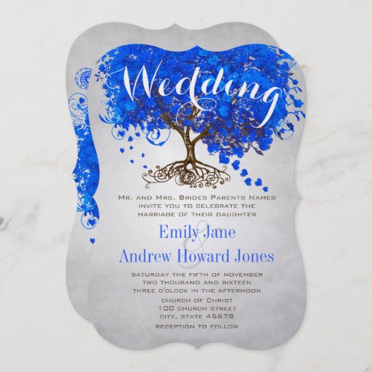 Royal Blue Heart Leaf Tree Wedding Invites Einladung (Vorne/Hinten)