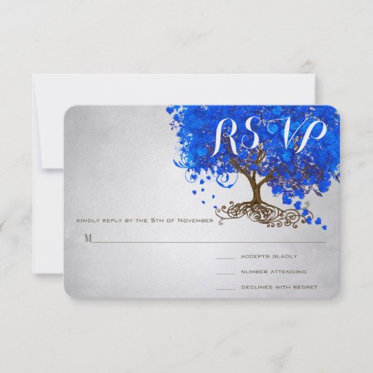 Royal Blue Heart Leaf Tree Wedding Invites Einladung (Vorderseite)