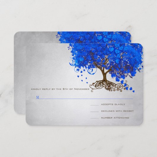 Royal Blue Heart Leaf Tree Wedding Invites RSVP Karte (Vorne/Hinten)