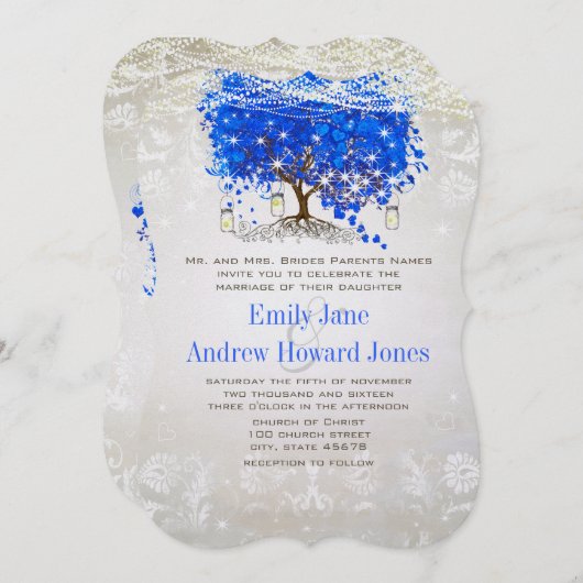 Royal Blue Heart Leaf Tree Wedding Mairtale Einladung (Vorne/Hinten)