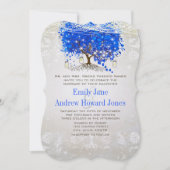 Royal Blue Heart Leaf Tree Wedding Mairtale Einladung (Vorderseite)