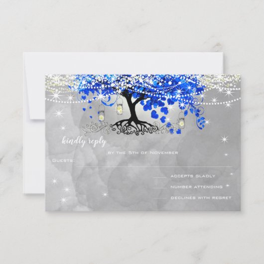 Royal Blue Heart Leaf Tree Wedding RSVP (Vorderseite)
