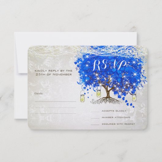 Royal Blue Heart Leaf Tree Wedding RSVP Karte (Vorderseite)