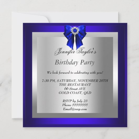Royal Blue High Heel Shoe Silver Birthday Party Einladung (Rückseite)
