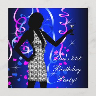 Royal Blue Hot Pink 21. Geburtstag Party Einladung
