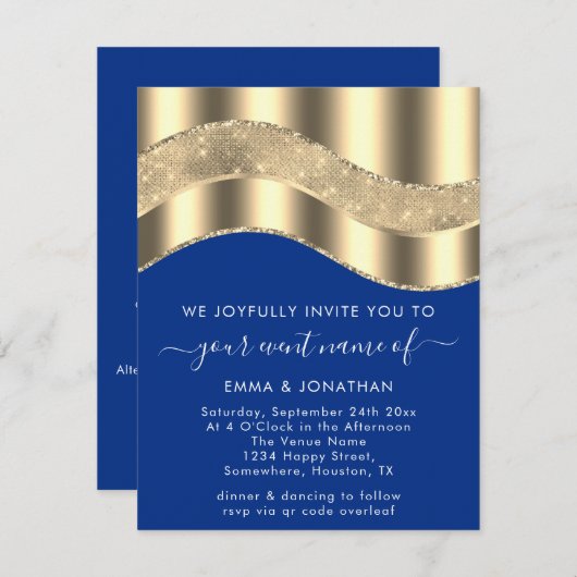 Royal Blue Imitate Gold Border Wave QR Code Hochze (Vorne/Hinten)