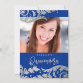 Royal Blue Imitats Silver Wirbel Foto Quinceanera Einladung (Vorderseite)