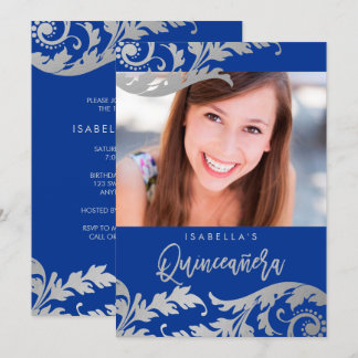 Royal Blue Imitats Silver Wirbel Foto Quinceanera Einladung