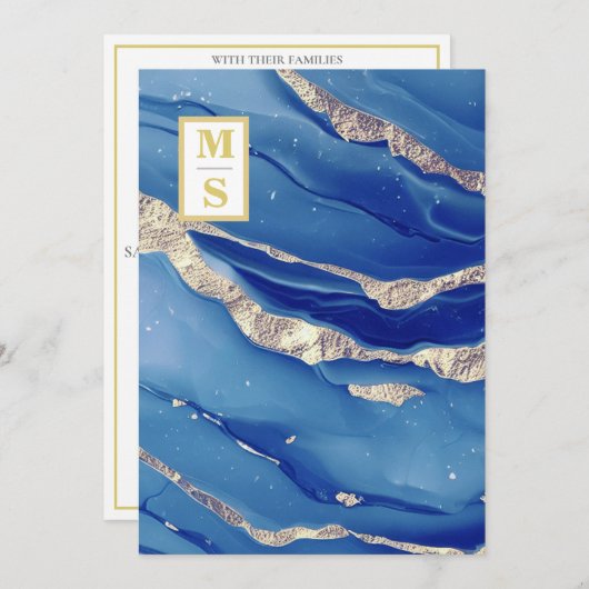 *~ Royal Blue Initials Agate AR66 UAWG QR Hochzeit Einladung (Vorne/Hinten)