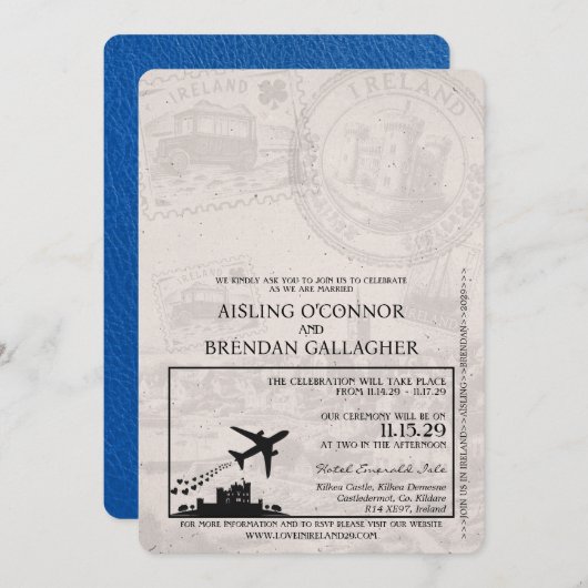 Royal Blue Ireland Passport Hochzeitseinladung Einladung (Vorne/Hinten)