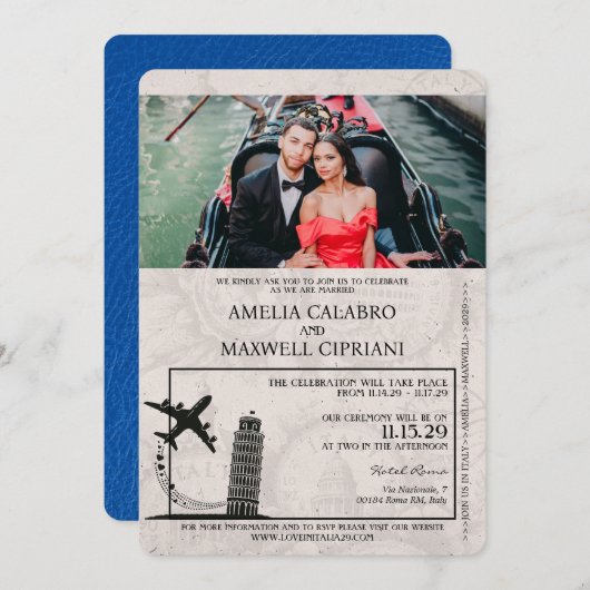 Royal Blue Italy Passport Wedding Einladung (Vorne/Hinten)