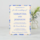 Royal Blue Ivory Floral Monogram Photo Wedding Einladung (Stehend Vorderseite)