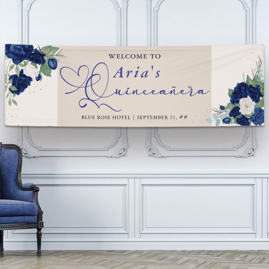 Royal Blue Ivory Floral Rose Quinceanera Willkomme Banner