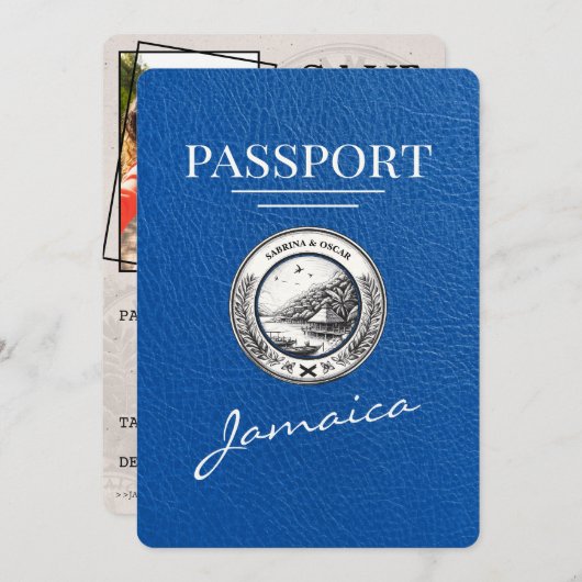 Royal Blue Jamaica Passport Save the Date (Vorne/Hinten)